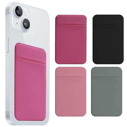 4 PCS Cell Phone Card Holder,Elasticity Fabric Self Adhesive Phone Wallet - color: Black+Gray+Pink+HotPink