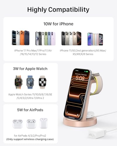 Anlmz 3 in 1 Charging Station - Wireless Charger for Apple Multiple Devices - color: Rose