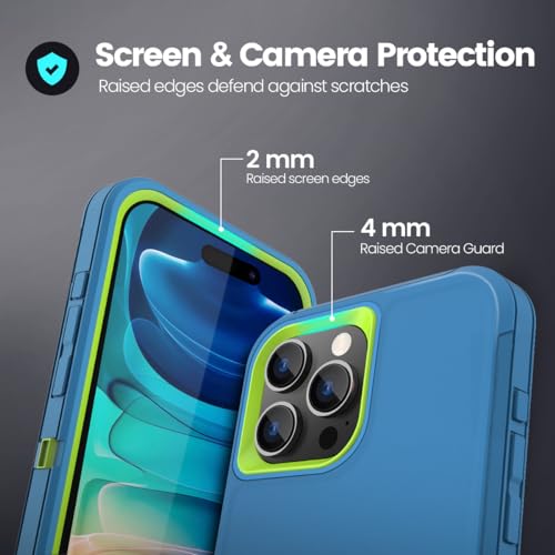 Sansunto for iPhone 15 Pro Max Case with Full Body Protection, Heavy Duty Shockproof Military Grade 3 in 1 Silicone Rubber with Hard PC Rugged Durable Phone Cover for Men & Boys - color: Teal/Lime