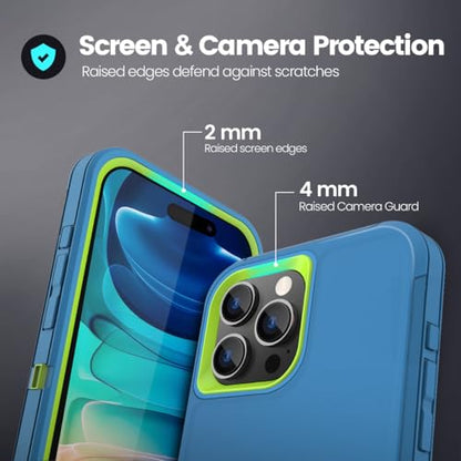 Sansunto for iPhone 15 Pro Max Case with Full Body Protection, Heavy Duty Shockproof Military Grade 3 in 1 Silicone Rubber with Hard PC Rugged Durable Phone Cover for Men & Boys - color: Teal/Lime