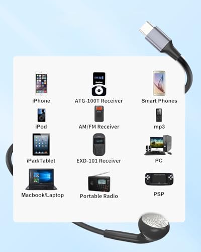 Single Side Earphone, USB Type C One Ear Earphone with Mic and in-line Control,Compatible with iPad,iPods,Portable Players, Tablets, MP3 Players, Radios,for Both Left and Right Ears(Black)