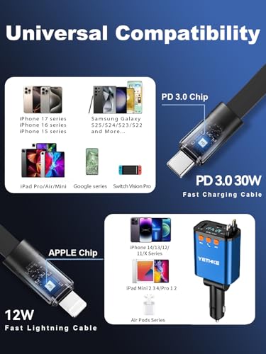Bluetooth Car Adapter with Retractable Charger,[Upgrade] Bluetooth 5.4 FM Transmitter for Cars, 4 in 1 Fast Car Charger 69W, Handsfree Call, 2*Retractable Cable for iPhone 17/16/15/14, Galaxy-Blue - color: Blue