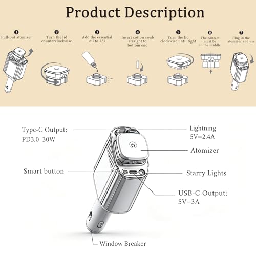 Fast Charging Car Charger Retractable 120W, Car Accessories Cigarette Lighter Adapter with Cable USB-C & Lighting, Function Window Breaker Aroma Ambient Light, Auto Gifts for Driver Traveler Men Women