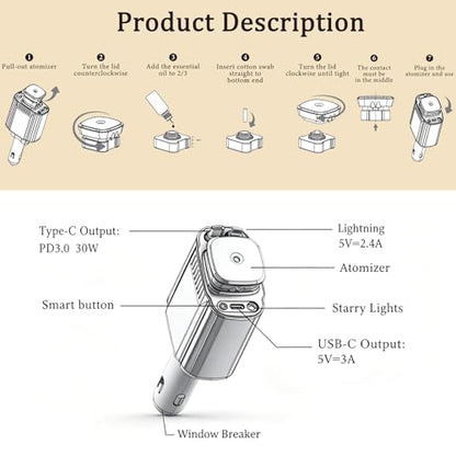 Fast Charging Car Charger Retractable 120W, Car Accessories Cigarette Lighter Adapter with Cable USB-C & Lighting, Function Window Breaker Aroma Ambient Light, Auto Gifts for Driver Traveler Men Women