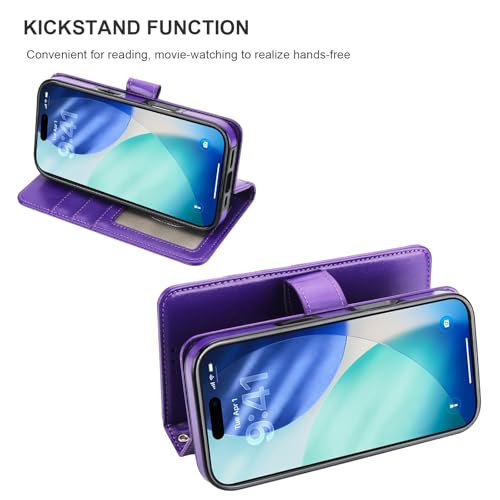 Bocasal Detachable Wallet Case Card Holder for iPhone 17 Pro, Purple | RFID Blocking Kickstand Card Slots Holder PU Leather Magnetic Shockproof Wrist Strap Removable Flip Protective Cover 6.3 inch - color: Purple