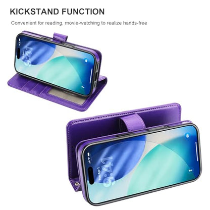 Bocasal Detachable Wallet Case Card Holder for iPhone 17 Pro, Purple | RFID Blocking Kickstand Card Slots Holder PU Leather Magnetic Shockproof Wrist Strap Removable Flip Protective Cover 6.3 inch - color: Purple