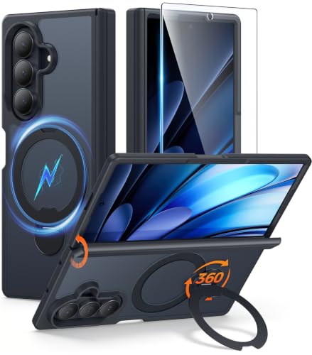 FNTCASE for Samsung Galaxy Z Fold 7 Case with 360 Spin Magnetic Stand Black | Compatible for Magsafe,Full Hinge Protection,Screen Protector,Translucent Matte Grade Shockproof Protective Cover - color: Black, size: For Samsung Galaxy Z Fold 7 8.0 Inch