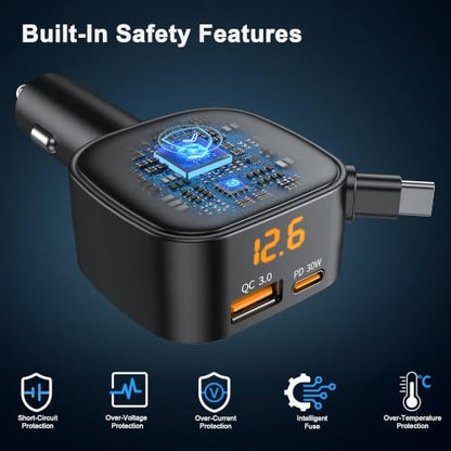 93W Retractable Car Charger USB C, Compact 3-Port Fast Charging