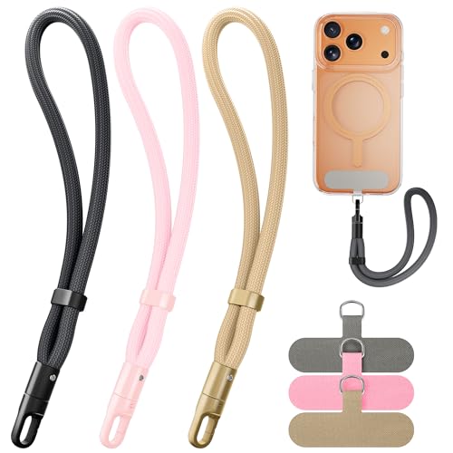 SHANSHUI Hand Wrist Strap Lanyard, 3 Pack Adjustable Cell Phone Lanyard Strap, Hand Wrist Strap Lanyard with 3x Tether Tabs for Smartphones-Grey Beige Pink - color: Gray+pink+yellow