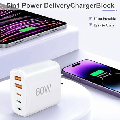 USB C Charger Fast Charging, 5 Port Multi USB C & A Wall Charger Block with 4FT and 6FT Long Type C Cable, 60W PD Power Adapter for iPhone 17/16/15,Samsung Galaxy S26/Z Fold7/C55/A52