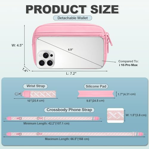 YFWE Clip and Go Strap for Phone with Wallet Crossbody, Adjustable Phone Lanyard with Detachable RFID Wristlet Wallet, Pattern Strap - Pink(L) - color: Pink-pattern Strap, size: Large
