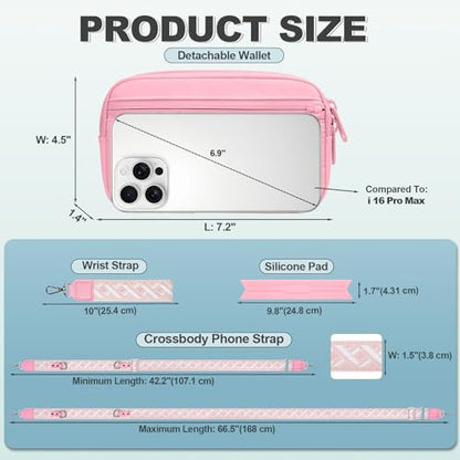 YFWE Clip and Go Strap for Phone with Wallet Crossbody, Adjustable Phone Lanyard with Detachable RFID Wristlet Wallet, Pattern Strap - Pink(L) - color: Pink-pattern Strap, size: Large