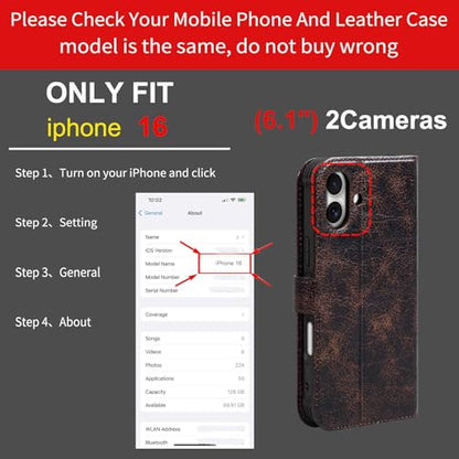 Leather Case Compatible with iPhone 16 Wallet 6.1" | Genuine Leather 2-in-1 Magnetic Detachable Shockproof,Flip Folio Cover with Card Slot, RFID Blocking Brown Coffee - color: Brown Coffee, size: 16