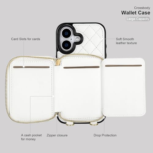Bocasal Crossbody Wallet Case Card Holder for iPhone 17, White | RFID Blocking PU Leather Zipper Handbag Purse, Kickstand Flip Folio Case with Card Slots Holder Wrist Strap Lanyard 6.3 Inch - color: White