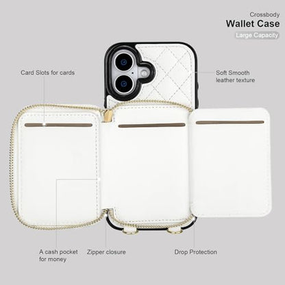 Bocasal Crossbody Wallet Case Card Holder for iPhone 17, White | RFID Blocking PU Leather Zipper Handbag Purse, Kickstand Flip Folio Case with Card Slots Holder Wrist Strap Lanyard 6.3 Inch - color: White