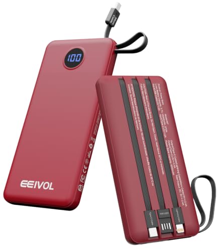 Portable Charger Built in 4 Cables, 10000mAh Power Bank, Red - color: Red
