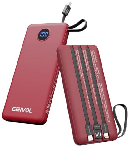 Portable Charger Built in 4 Cables, 10000mAh Power Bank, Red - color: Red