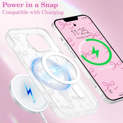 UEEBAI Magnetic iPhone 14 & 13 Case, Bow Compatible With MagSafe, Wireless Slim Clear Ribbon Phone Cover Anti-Yellowing Shockproof Protective for Women Girl - White - color: White, size: iPhone 13/14