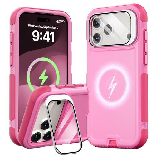 Follaroma Magnetic for iPhone 17 Pro Case with Camera Stand, Pink, 6.3" | Built-in Glass Camera Cover,Compatible with MagSafe,Heavy Duty Shockproof Protective,Military-Grade Anti-DropDual Layer Cover - color: Pink, size: iPhone 17 Pro 6.3''