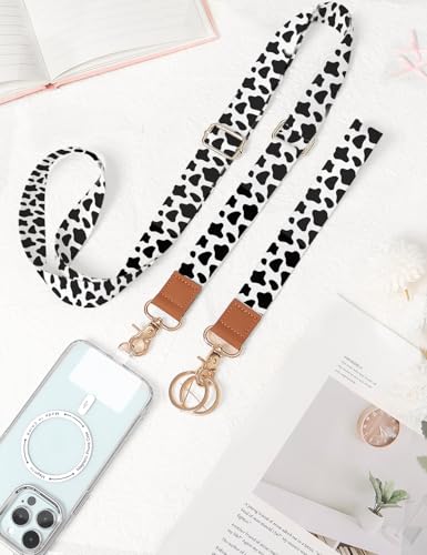 Phone Lanyard Crossbody Strap, Adjustable Neck Strap and Wristlet Strap for Phone Wallet ID Badge with 2 Phone Tabs - color: Cow Print