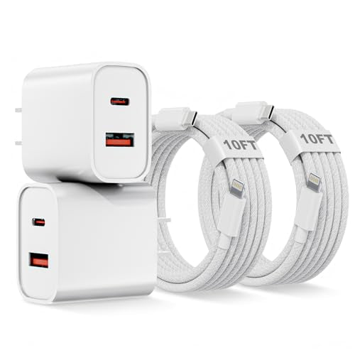 10FT iPhone Lightning Cable[Apple MFi Certified]2Pack 20W Apple Lightning Charger Dual Port USBA+C Charge Block with 10FT iPhone Fast Charging Woven Cable Cord for iPhone14/13/12/11/XS/XR/X/8/7/SE2022