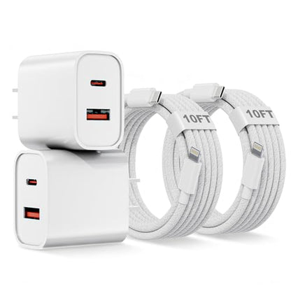10FT iPhone Lightning Cable[Apple MFi Certified]2Pack 20W Apple Lightning Charger Dual Port USBA+C Charge Block with 10FT iPhone Fast Charging Woven Cable Cord for iPhone14/13/12/11/XS/XR/X/8/7/SE2022