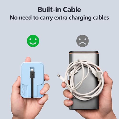 Mini Portable Charger, 5200 mAh Charger Power Bank Slim Small Chargers with Built-in Cable, Travel Battery Pack for iPhone 14/13/12/11 Pro/Pro Max/Plus/Mini/AirPods Blue - color: Blue