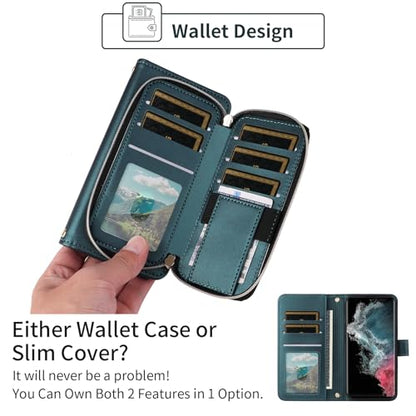 Wallet Case for Samsung Galaxy S22 Ultra 5G with Detachable Wrist Strap, 9+ Card Slots Zipper Purse, Luxury PU Leather Stand Full Body Phone Cover for S22ultra 22S S 22 S22ultra5g 6.8 Green | Wrist/Shoulder Strap, 9+ Card Slot, Luxury PU Leather, Full Bod