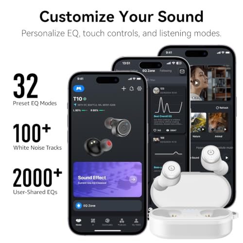 TOZO T10 Wireless Earbuds Powerful Bass Stereo Wireless Charging, APP, IPX8 - color: Matte White