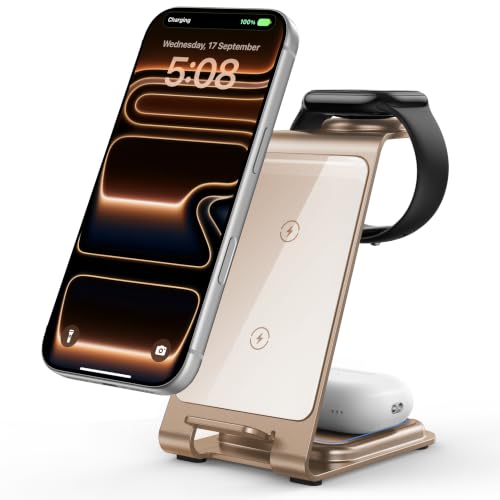 Intoval Aluminum 3 in 1 Wireless Charging Station for iPhone 17 16 15 14 13 12 11 Pro Max XR, Wireless Charger for Apple Watch 11 10 9 8 7 Ultra SE 3 2, Phone Charger for AirPods 4 Pro 2 3 (Desert) - color: Desert