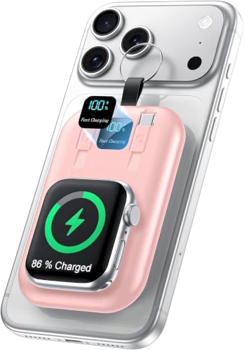 Magnetic Portable Charger 10000mAh Wireless Power Bank with Built-in Cables - color: pink