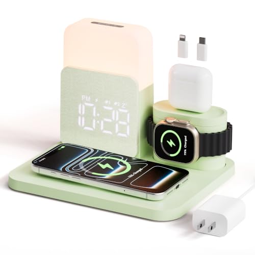 7 in 1 Wireless Charging Station, 25W Charger with Alarm Clock Night Light - color: Green
