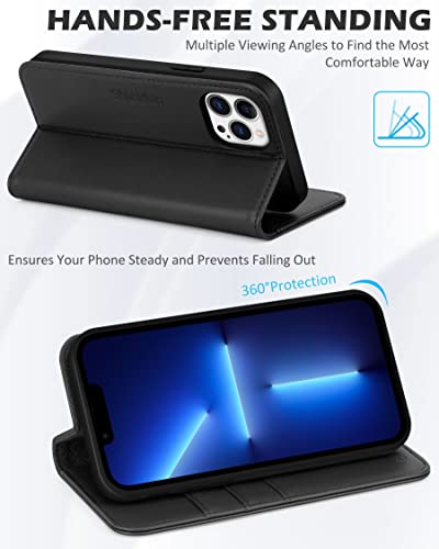 SHIELDON Genuine Leather Wallet Case for iPhone 13 Pro 6.1" 2021, Black | Magnetic Closure, RFID Blocking, Credit Card Holder, Kickstand, Folio Book Design, Shockproof Phone Cover - color: Black