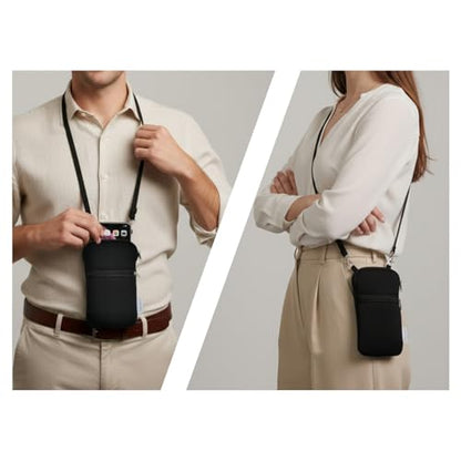 Tainada Neoprene Small Crossbody Zipper Neck Cellphone Case Pouch (Black) | Mini Neoprene Dual Zip Wallet Purse Bag; Water-Resistant, Shockproof, Lightweight; Adjustable & Detachable Lanyard Strap - color: Black