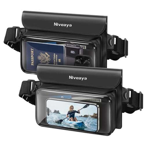 Niveaya IPX8 Floating Waterproof Fanny Pack Holds Phone, Passport & Cash | Large Capacity Touch Screen Adjustable Waist Strap for Kayaking, Paddle Boarding, Waterpark & Swimming Essentials - color: Black&Black