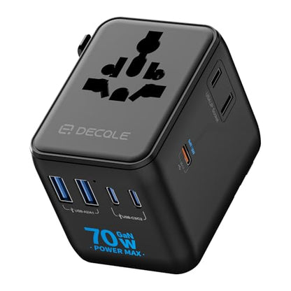 “Pro” Universal Travel Adapter 3 USB-C＆ 2 USB-A Cover 200+ Countries - color: Black, size: 3C+2A 70W