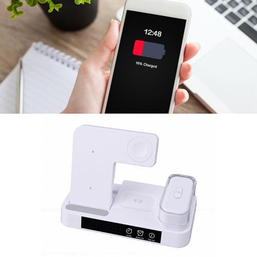 ASHATA 4 in 1 Wireless Charging Station 3 in 1 Stand with Digital Alarm Clock 7 Color Night Light for Phone Watch Earbuds (White) - color: White