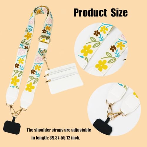 1Pack Canvas Phone Strap Crossbody Phone Strap Adjustable Anti Theft phone Lanyard for Women Phone Bags ID Cards - color: White Flower