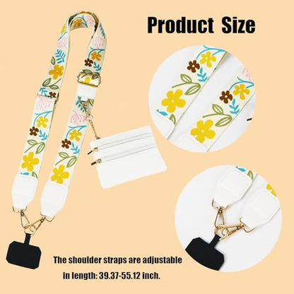 1Pack Canvas Phone Strap Crossbody Phone Strap Adjustable Anti Theft phone Lanyard for Women Phone Bags ID Cards - color: White Flower