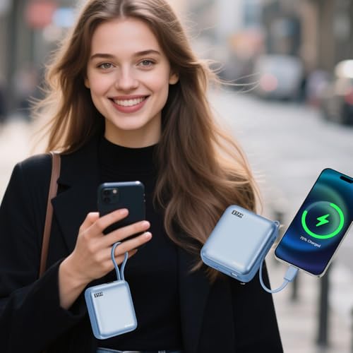 Hichain Mini Portable Charger with Built in Cables LED Display, Mini Power Bank 10000mAh 22.5W USB-C Fast Charging Portable Charger, Small Power Bank for iPhone Compatible with iPad & Android Blue - color: Blue