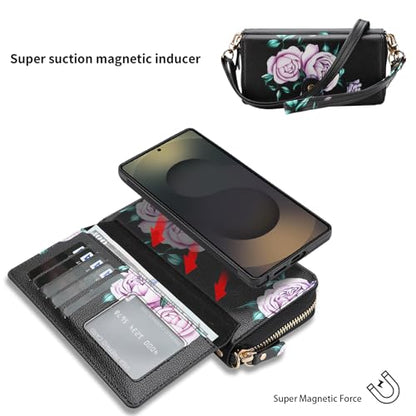 LITOU Compatible for Samsung Galaxy S26 Plus Crossbody Wallet Phone Case - color: BlackFlower, size: S26 Plus