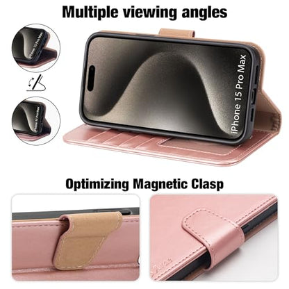 Arae Compatible with iPhone 15 Pro Max Case with Card Holder and Wrist Strap Wallet Flip Cover for iPhone 15 Pro Max 6.7 inch,Rose Gold - color: Rose Gold, size: iPhone 15 Pro Max 6.7 inch