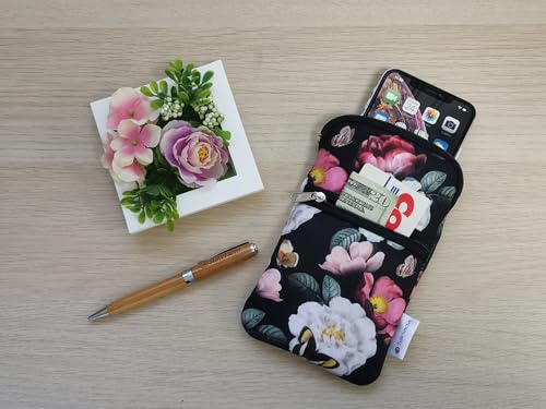 Tainada Crossbody 2-Zip Phone Case Bag w/Neck Strap (Black Floral) | For Men/Women; Water-resistant neoprene pouch, shockproof, lightweight; Compatible with most of smartphones - color: Black Floral