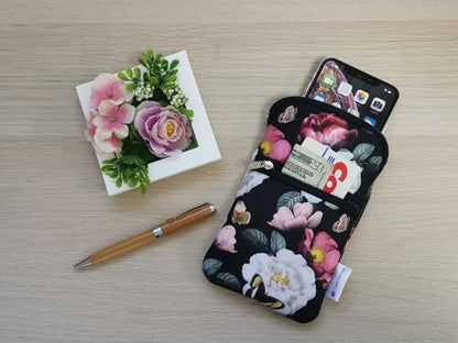 Tainada Crossbody 2-Zip Phone Case Bag w/Neck Strap (Black Floral) | For Men/Women; Water-resistant neoprene pouch, shockproof, lightweight; Compatible with most of smartphones - color: Black Floral