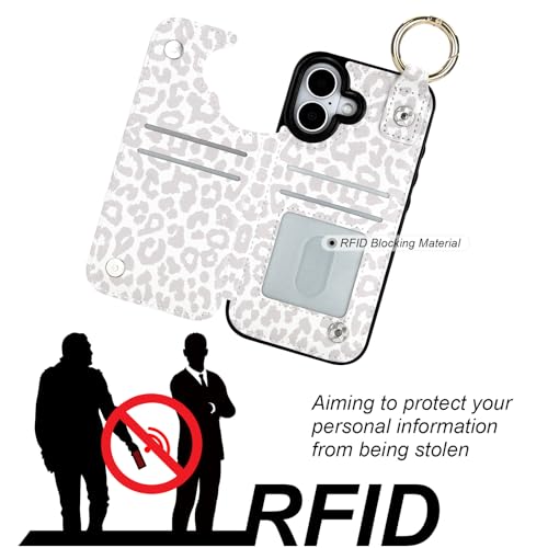 HAOPINSH Wallet Case for iPhone 17 with Card Holder, White Leopard Cheetah Print Back Flip Folio PU Leather Kickstand Card Slots Case, Finger Grip Ring Double Magnetic Clasp Shockproof 6.3" - color: White Leopard Grip Ring