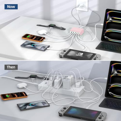 100W 6 in 1 USB Charger, 50% Smaller Charging Station for Multiple Devices - color: Pink