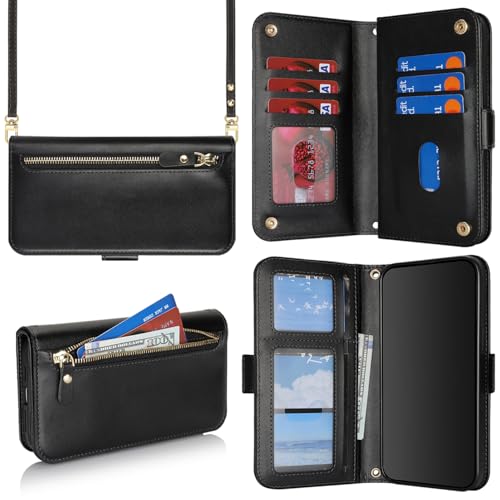 for iPhone 15 Pro Wallet Case for Women,for iPhone 15 Pro Case with Strap Crossbody Lanyard,PU Leather Shockproof Card Holder Stand Zipper Pocket Flip Phone Case-Black - color: Black