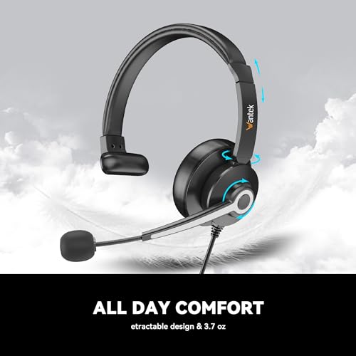 Wantek USB & 3.5mm Headset with Mic for PC/Laptop,Wired Headset with Noise-Cancelling Microphone & Audio Controls Perfect for Home Office Online Class Skype Zoom Call Center Webinar,Monaural