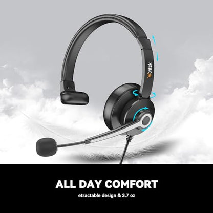 Wantek USB & 3.5mm Headset with Mic for PC/Laptop,Wired Headset with Noise-Cancelling Microphone & Audio Controls Perfect for Home Office Online Class Skype Zoom Call Center Webinar,Monaural