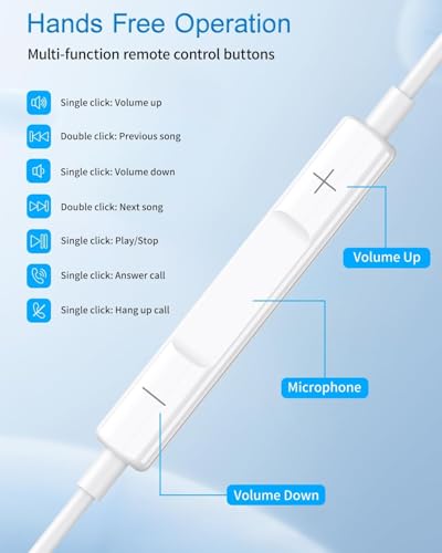 2 Packs Earbuds for iPhone Wired Headphones with Built-in Microphone & Volume Control HiFi Stereo Noise Reduction Wired Earphones for iPhone 14/13/12/11/XR/XS/X/8/7/SE All iOS, Plug and Play, White
